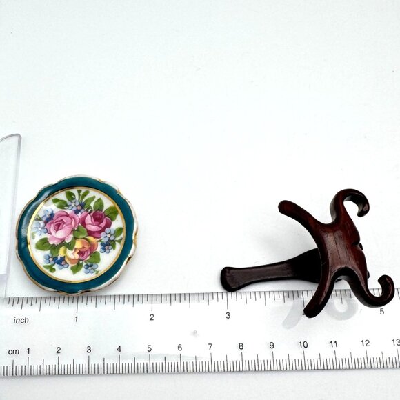 Limoges France Miniature Plate Romantic Rose Pattern Wooden Stand Vtg 1.75" - Picture 3 of 8